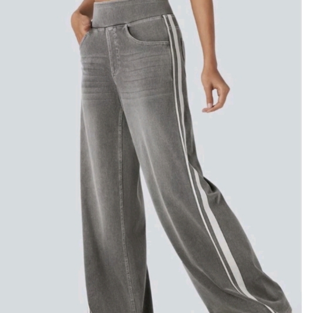 Halara Grey Flex High Waisted Stripe Wide Leg Jeans with Pockets XL NWOT in bag
